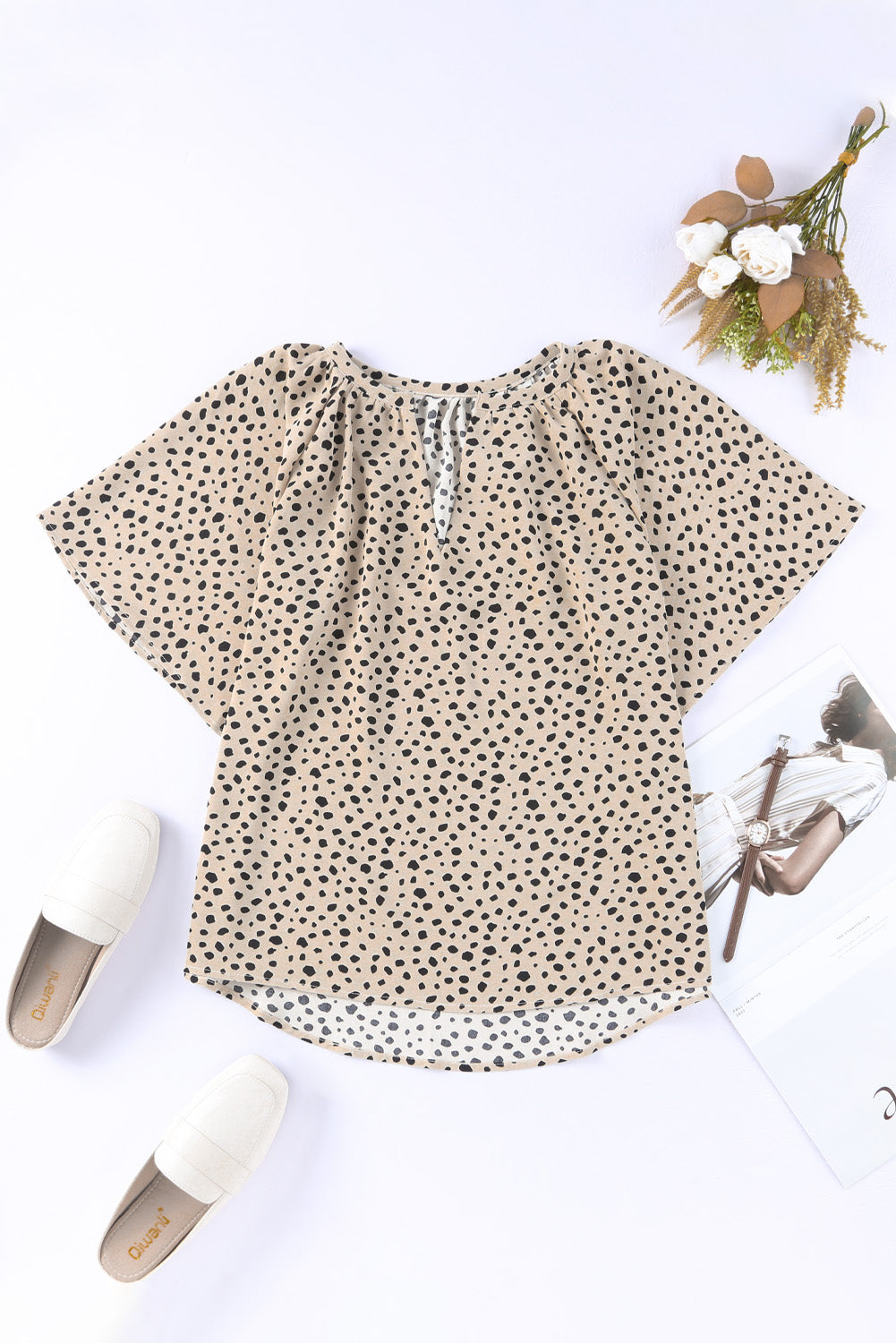 Cheetah Notch V Neck Casual Ruffle Sleeve Blouse