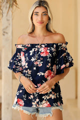 Blue Ruffle Off Shoulder Flounce Sleeve Floral Blouse