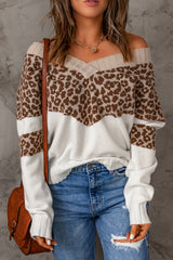 Cheetah Color Block Rib Trim Off Shoulder Pullover Sweater