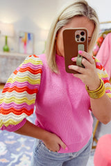 Pink Ribbed Knit Contrast Short Sleeve Mock Neck Sweater