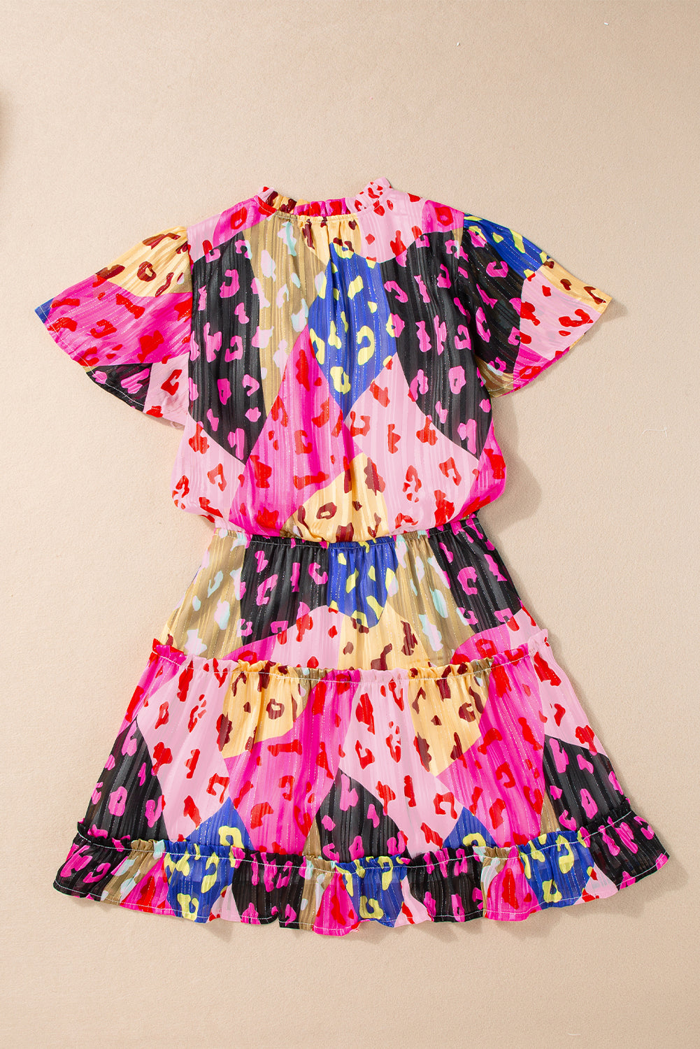 Rose Leopard Short Sleeve Tiered Ruffle Mini Dress