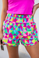 Multicolor Geometric Elastic High Waisted Shorts for Women