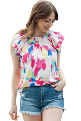 Multicolor Abstract Pattern Ruffle Sleeve Blouse