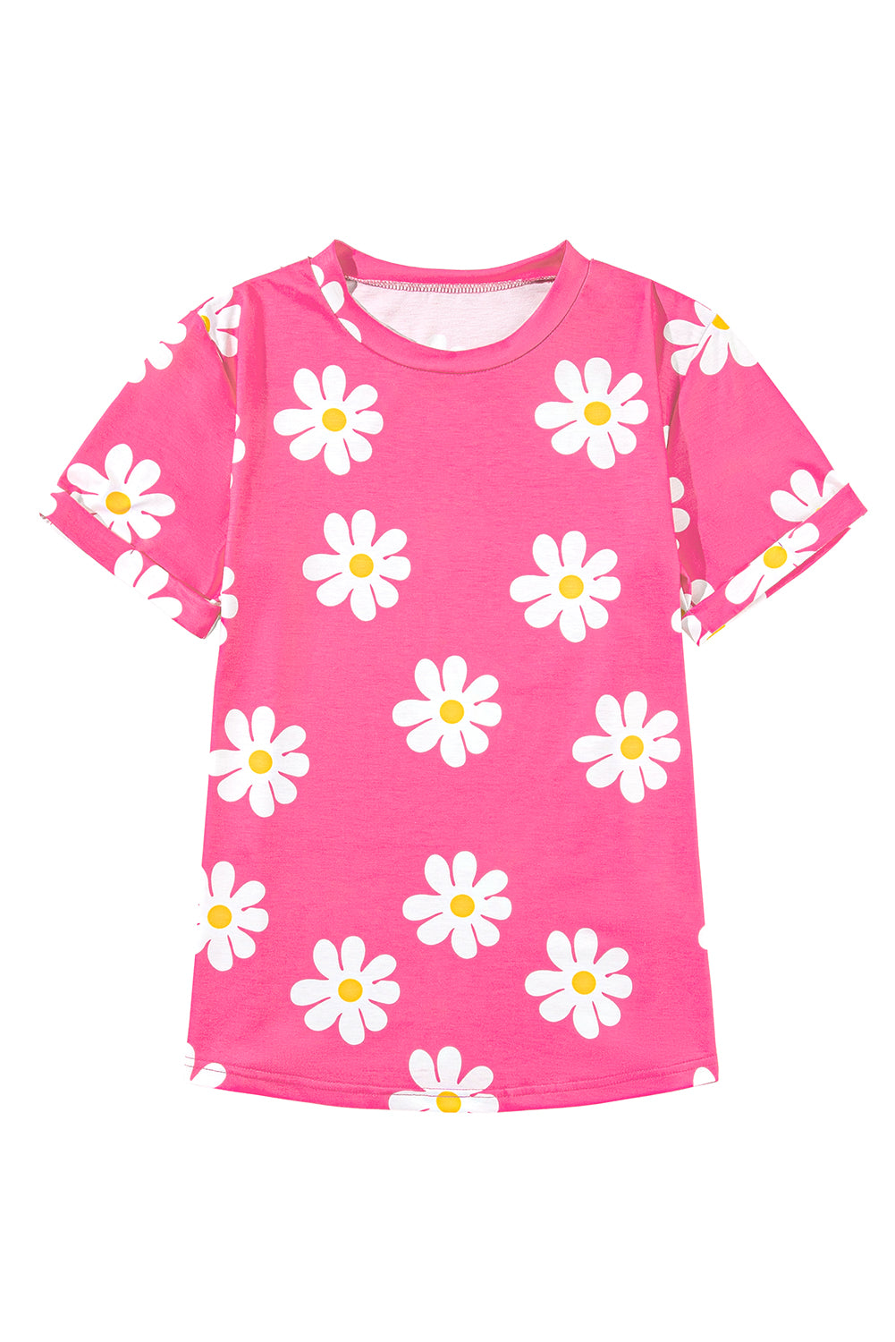 Pink Daisy Print Crewneck T Shirt