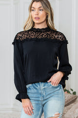 Black Leopard Sheer Splicing Lace Neck Ruffle Blouse