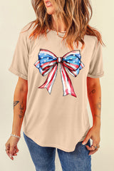 Khaki American Flag Bow Knot Graphic Round Neck T Shirt