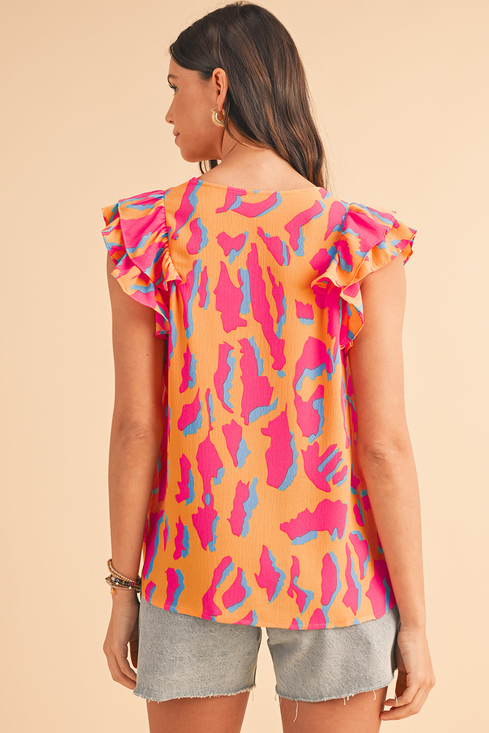 Orange Abstract Print V Neck Ruffled Sleeve Blouse