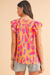 Orange Abstract Print V Neck Ruffled Sleeve Blouse