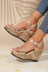 Beige Vintage Printed Buckle Strap Studded Wedge Sandals