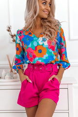 Multicolor Floral Print Casual V Neck Blouse