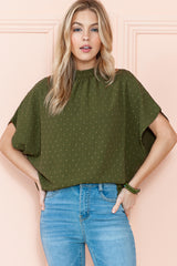 Mist Green Swiss Dot Mock Neck Batwing Sleeve Blouse