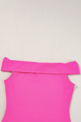 Bright Pink Solid Color Folded Off Shoulder Slim Blouse