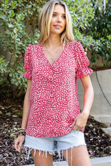 Pink Abstract Print Casual V Neck Ruffle Sleeve Blouse