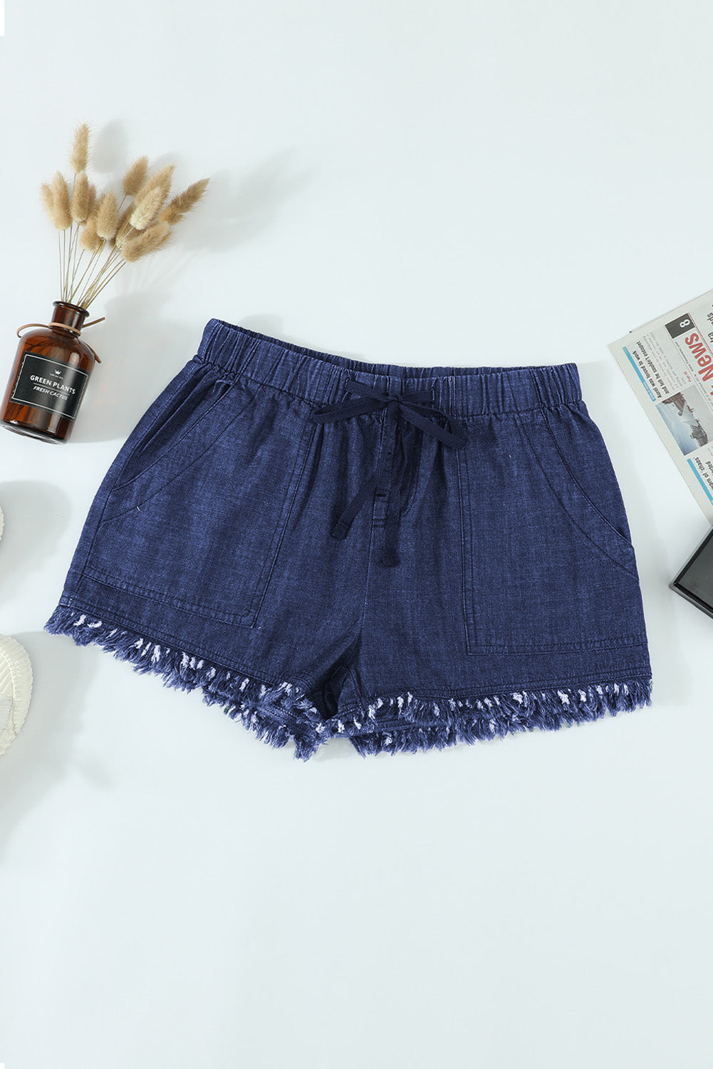 Dark Blue Casual  Frayed Pocketed Denim Shorts