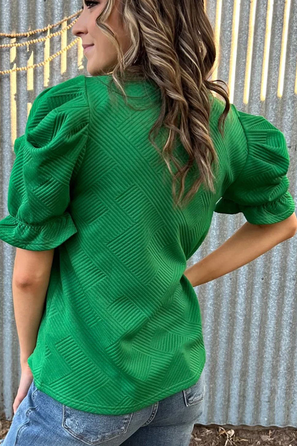 Dark Green Ruffle Puff Sleeve Textured Plain Top