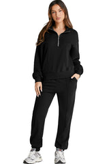 Black Solid Color Half Zip Up Pullover Top and Jogger Set