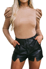 Brown Puff Sleeve Casual Suede Bodysuit