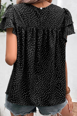 Black Spotted Print Pleated Ruffle Sleeve Blouse