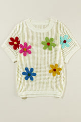 White Hollowed Crochet Colorful Flower Loose Knit T Shirt