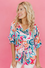 Light Blue Abstract Print Ruffle V Neck Babydoll Blouse