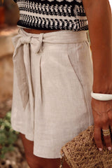 Parchment Casual Tie Waist Linen Shorts