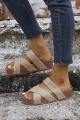 Beige Woven Criss Cross Strap Platform Slides Shoes