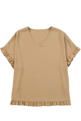 Khaki Ruffle Trim V Neck Short Sleeve Blouse