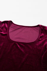 Burgundy Solid Color Elegant Short Puff Sleeve Velvet Top