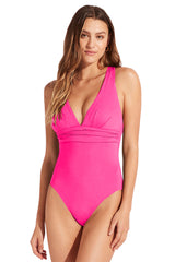 Rose Red Deep V Neck Crossover Backless Ruched High Cut Monokini