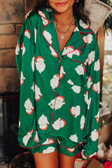 Green Christmas Santa Claus Satin Shirt and Shorts Pajama Set