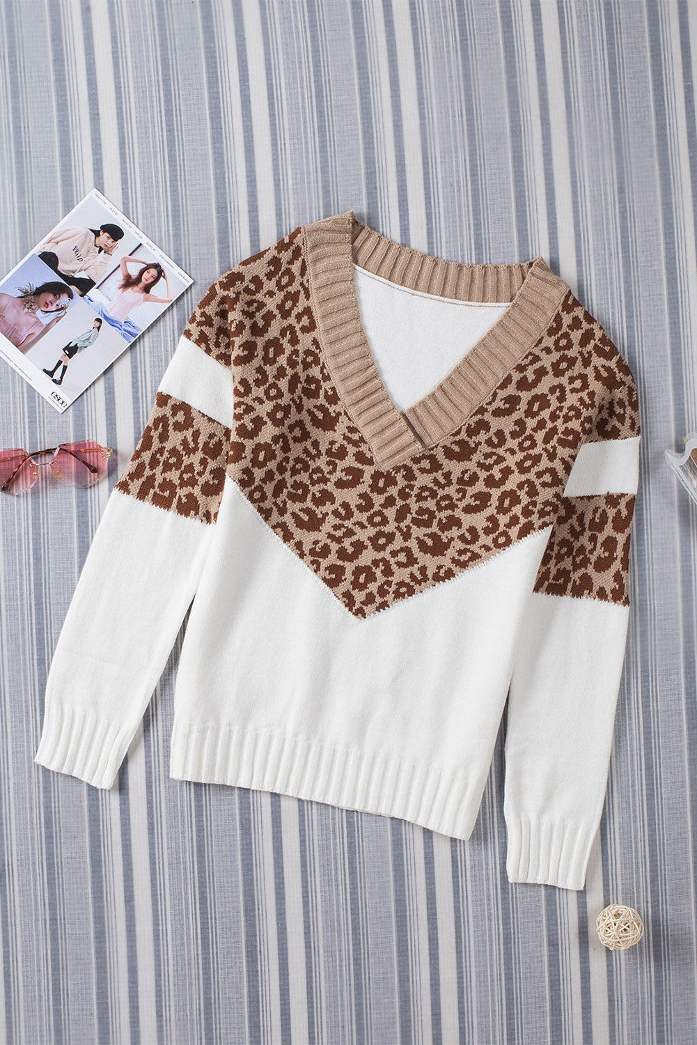 Cheetah Color Block Rib Trim Off Shoulder Pullover Sweater