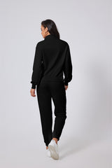 Black Solid Color Half Zip Up Pullover Top and Jogger Set