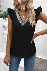 Black Sequin Splicing V Neck Flutter Sleeve Blouse