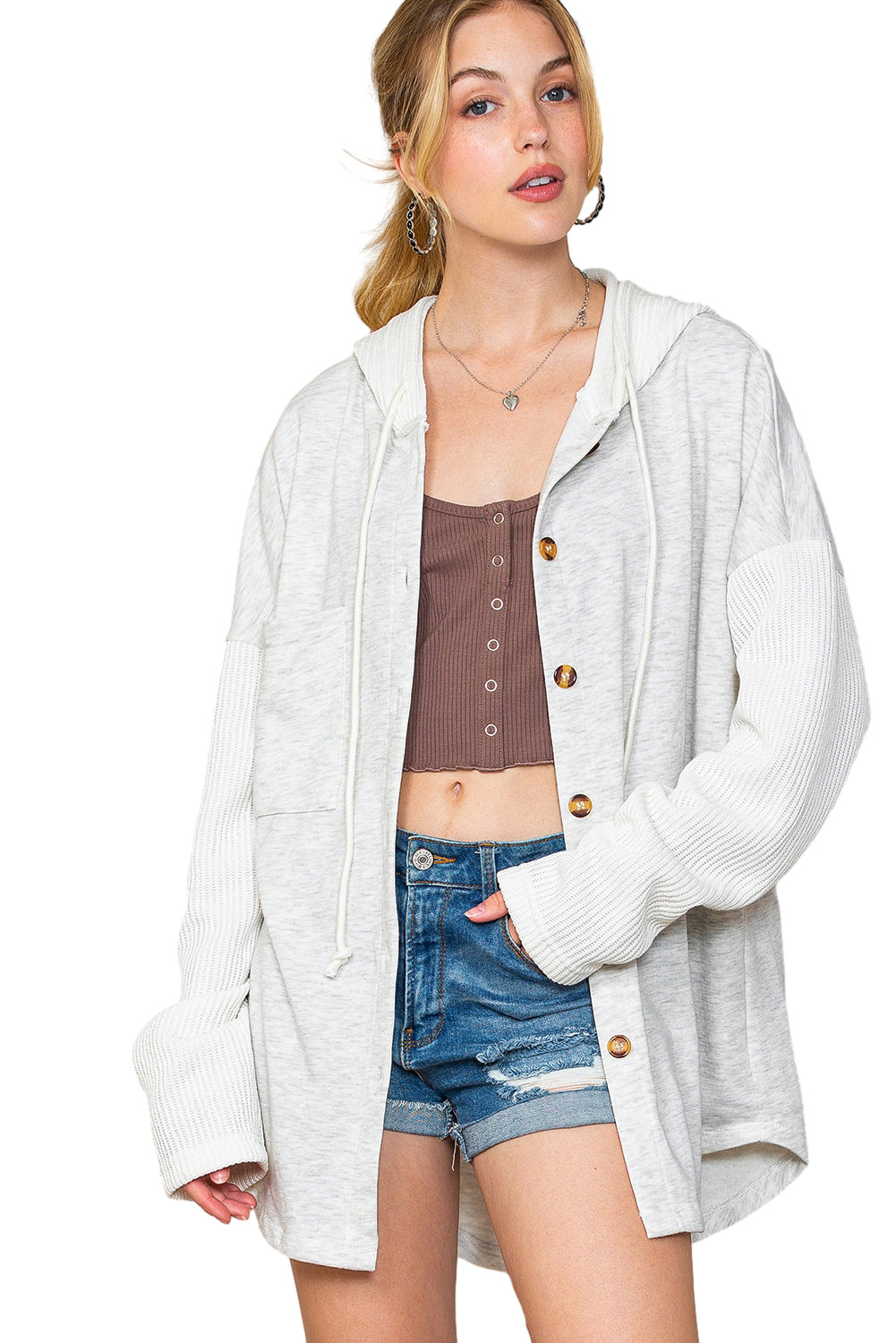 Gray Button Up Contrast Knitted Sleeves Hooded Jacket