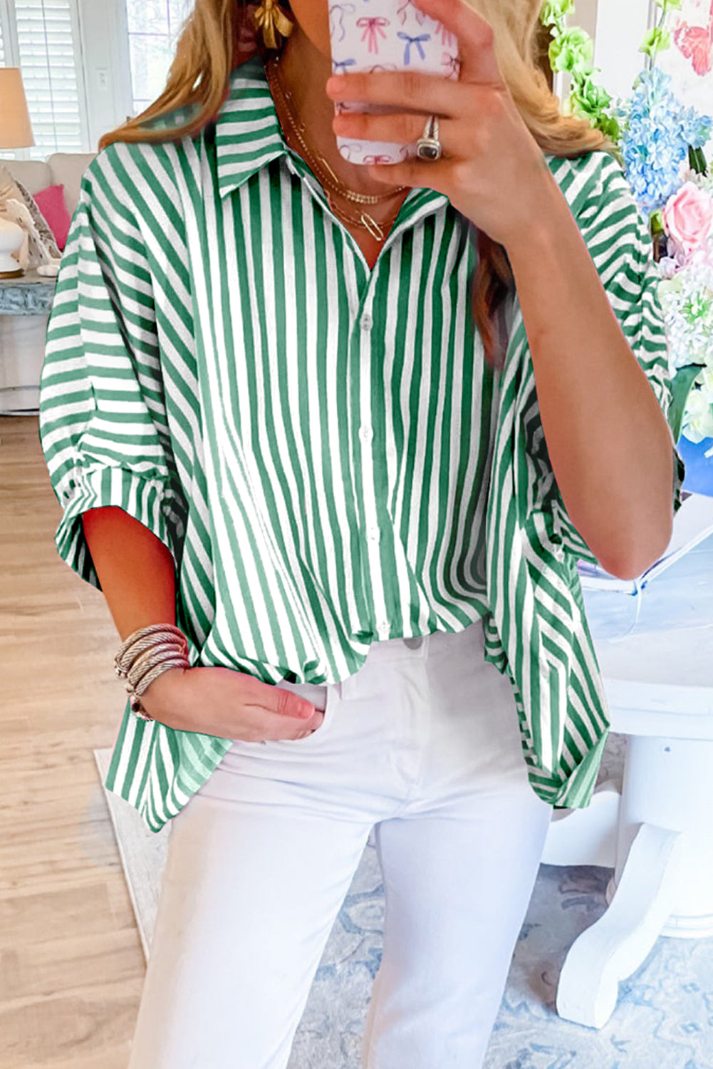 Green Stripe Dolman Sleeve Oversized Blouse