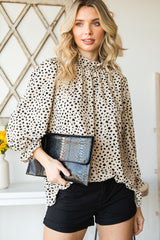 Khaki Leopard 3/4 Ruffle Sleeve Frill Neck Blouse