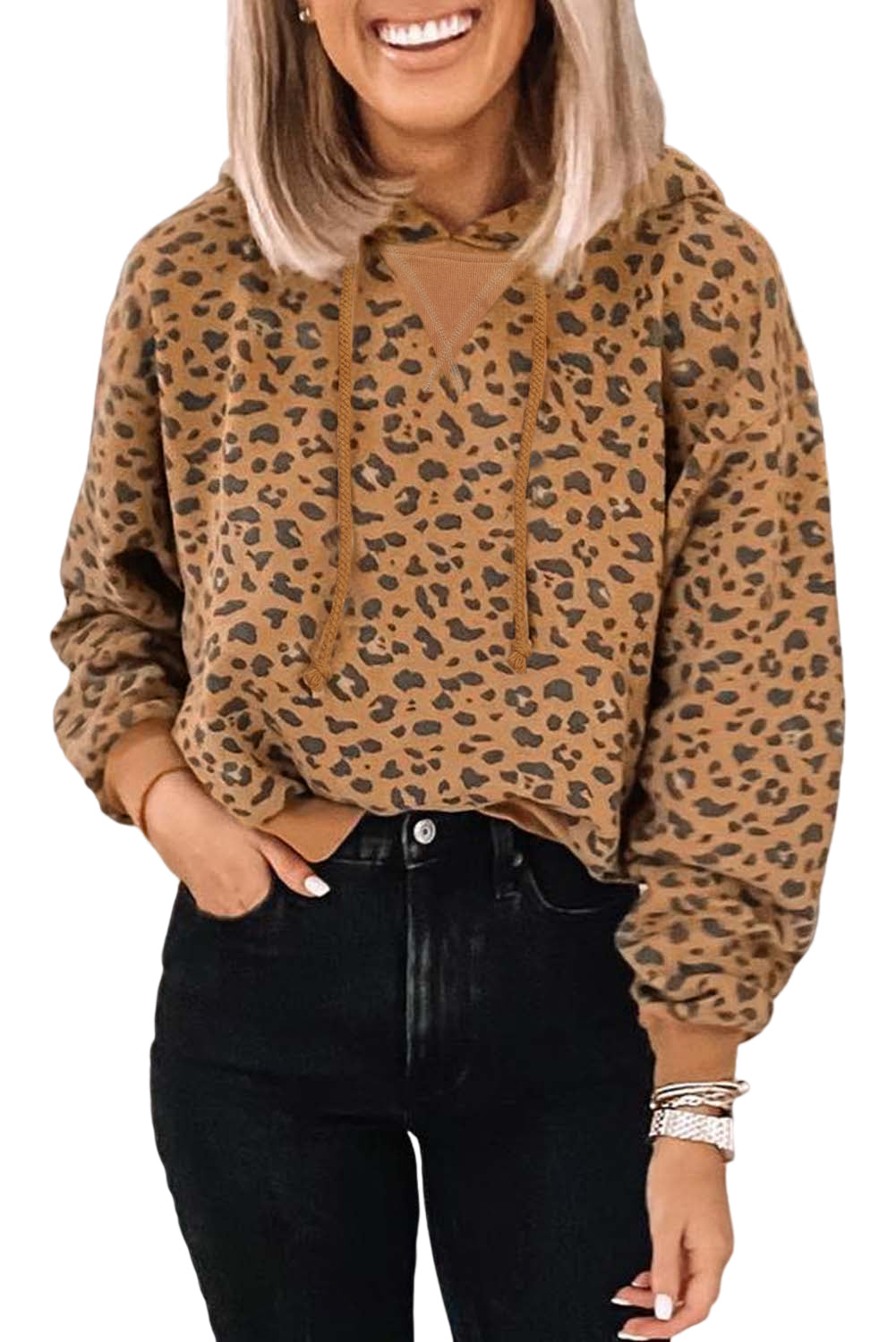Leopard Long Sleeve Drawstring Hoodie
