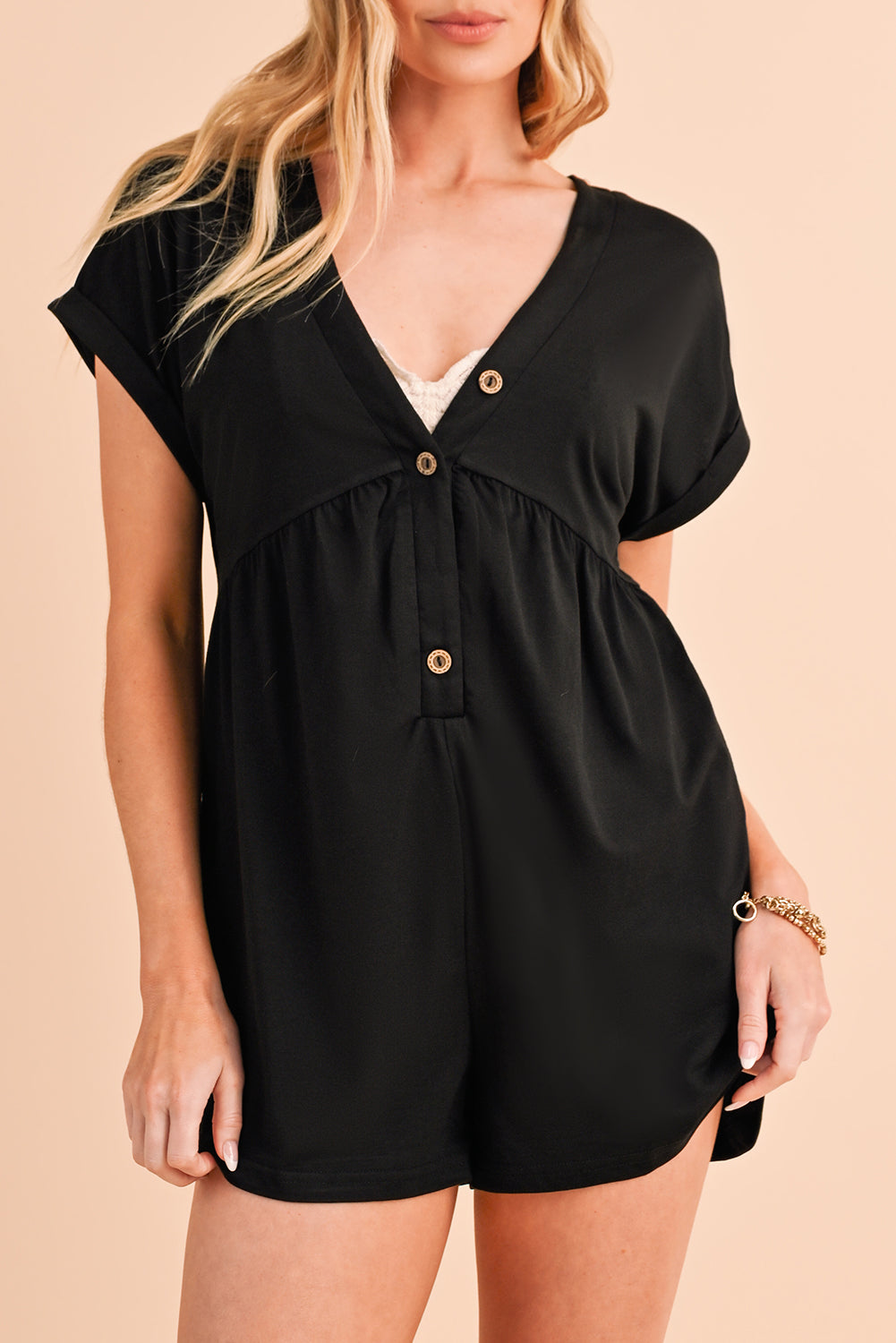 Black V Neck Buttons Loose Cuffed Short Sleeve Romper