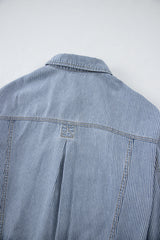 Sky Blue Stripe Washed Oversized Pocketed Denim Jacket