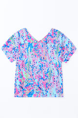 Pastel Blue Abstract Floral Print Short Sleeve V Neck T Shirt