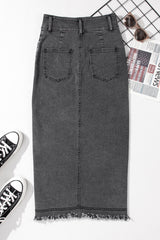 Black Raw Edge Side Slits Buttoned Midi Denim Skirt