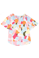 Multicolor Abstract Print Flutter Sleeve V Neck Blouse