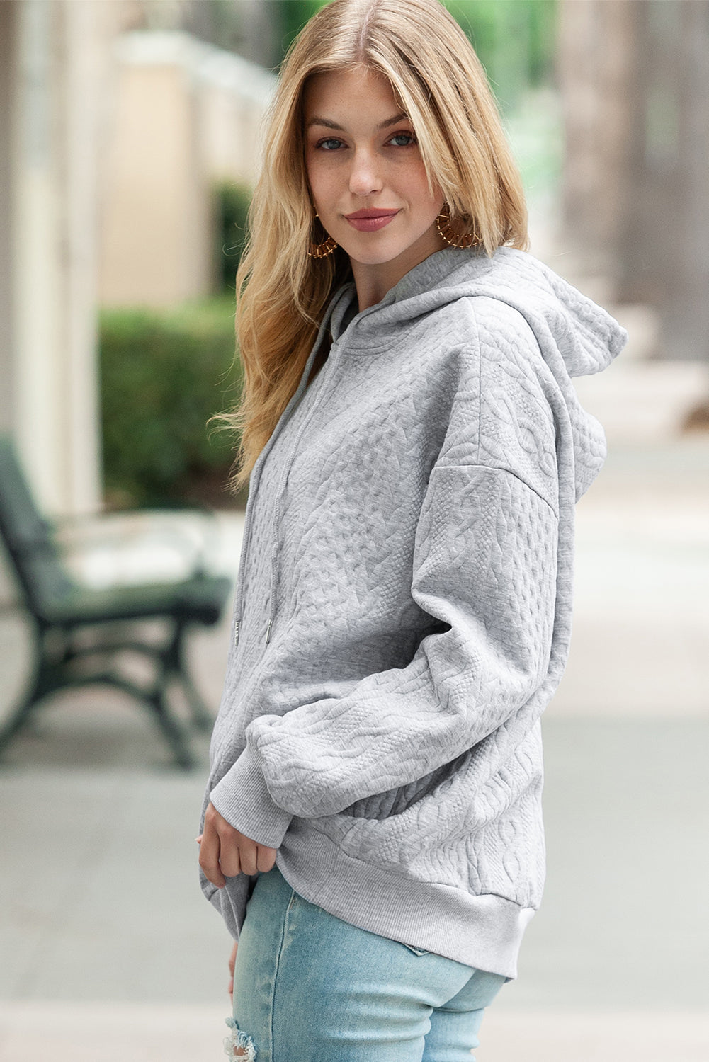 Gray Cable Textured Casual Drawstring Hoodie