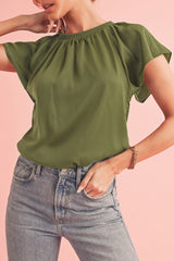 Jungle Green Pleated Flutter Sleeve Satin Blouse