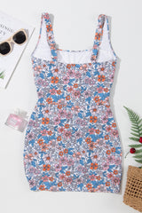 Multicolor Floral Print Drawstring Ruched One Piece Swim Dress