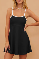 Black Sporty Ribbed Spaghetti Straps Swim Dress