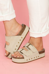 Beige Suede Buckle Decor Corky Platform Slides Shoes