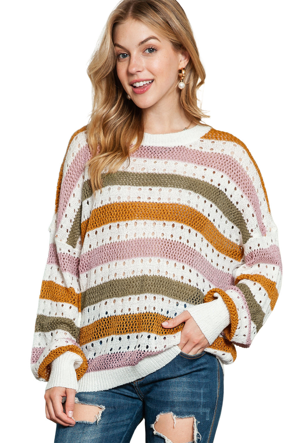 Multicolor Striped Hollowed Knitted Loose Sweater