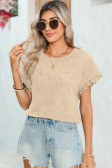 Apricot Textured Round Neck Frill Short Sleeve Blouse