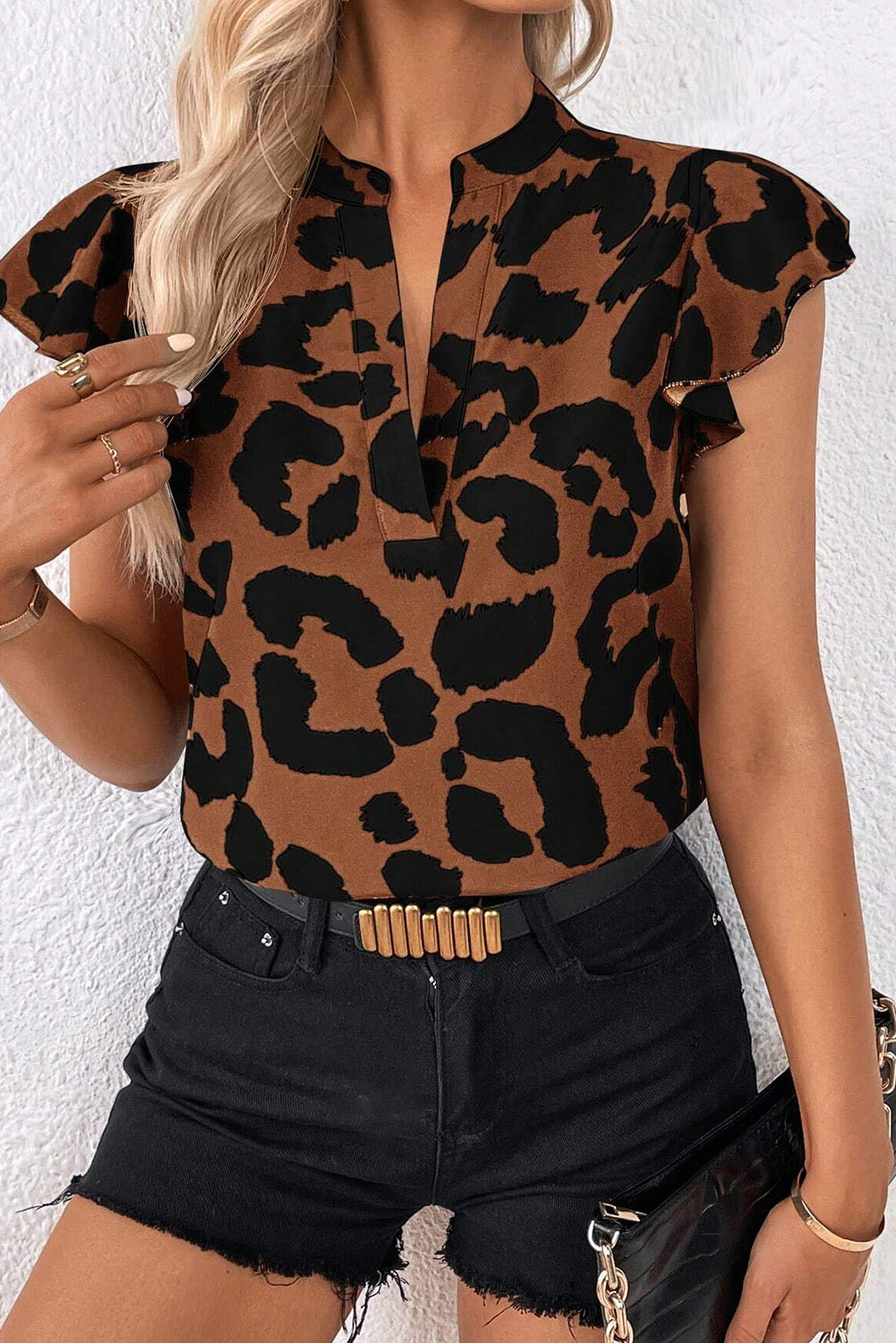 Brown Leopard Print Split Neck Ruffle Flutter Sleeve Blouse